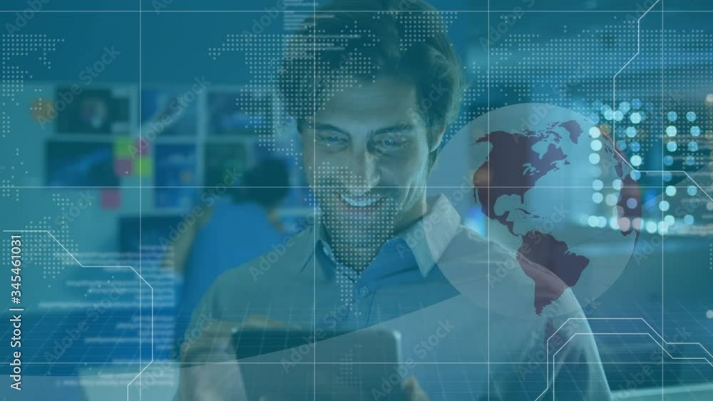 Animation of businessman using a digital tablet in an office with globe spinning Animation of businessman using a digital tablet in an office with globe spinning