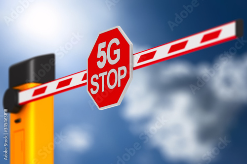closed automatic barrier with sign 5G stop on sky background. 3D illustration
