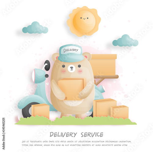 Delivery bear carrying package deliver to town with scooter. paper cut style. Vector illustration. 