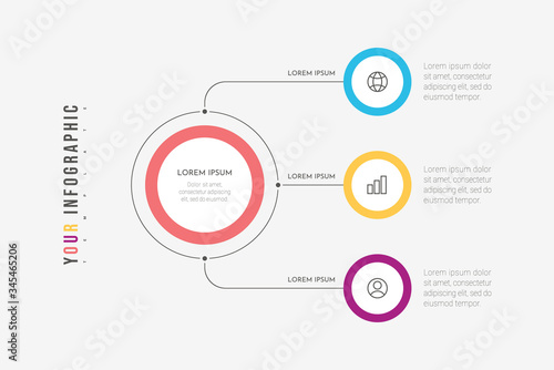 Infographics business process with 3 steps or options circles. Data visualization. Can be used for workflow layout, diagram, banner, web design. Vector illustration.
