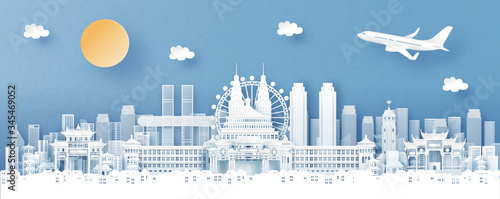 Panorama view of Chongqing, China with temple and city skyline with world famous landmarks in paper cut style vector illustration
