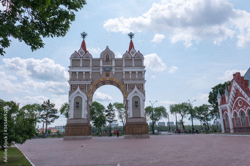 Russia, Blagoveshchensk, July 2019: triumphal arch in honor of Tsarevich Romanov on the embankment of the city of Blagoveshchensk