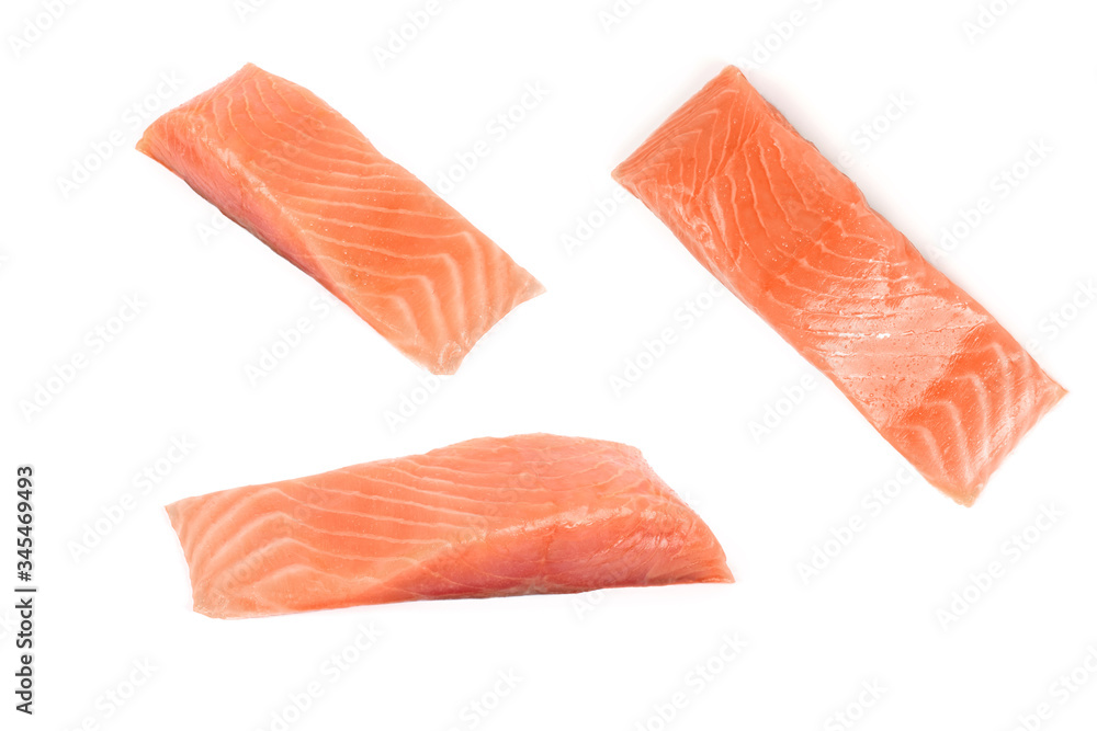 several pieces of red fish isolated on a white background