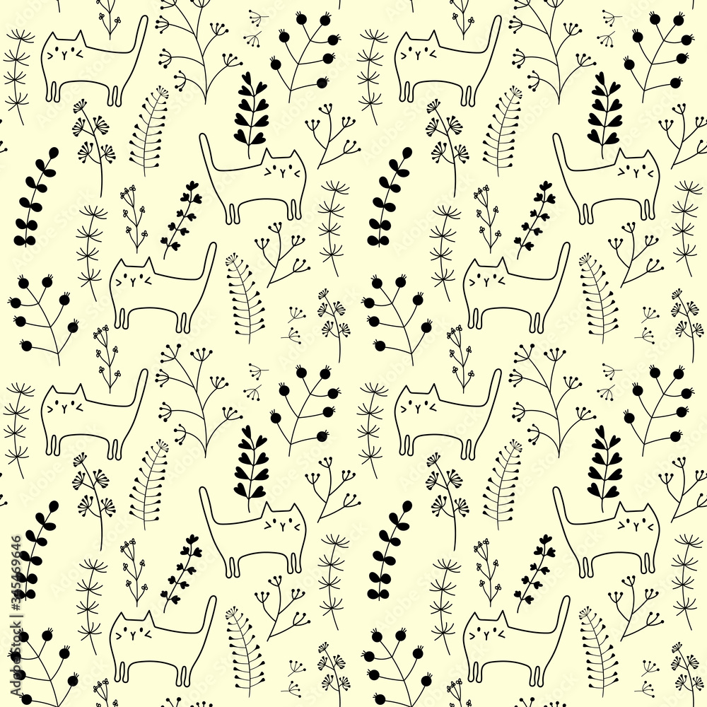 Obraz premium Seamless pattern with funny hand drawn cats and herbaceous plants. Animals vector illustration with adorable kitten for fabric and other surface.