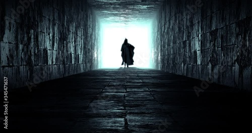 Death coming on the corridor in slow motion, 3D animation