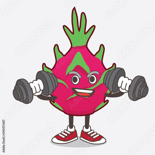 Dragon Fruit cartoon mascot character on fitness exercise trying barbells