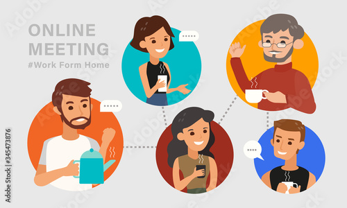 Casual online meeting with friends concept illustration. Relaxing young people holding a coffee cup and chatting via video conference call. Work from home. Flat design style cartoon character.