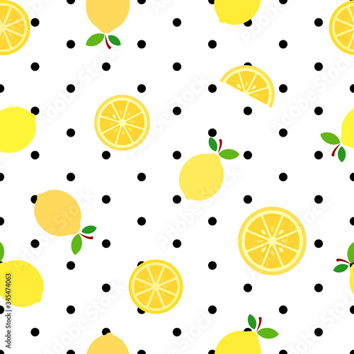 Flat yellow lemon illustration with polka dots seamless Pattern