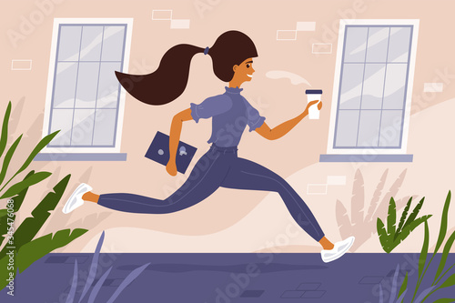 Happy girl hurry up to work after quarantine. Young cute woman with coffee cup and laptop in hands runs down the street. Lady so missed job, colleagues meeting and social contacts. Vector illustration