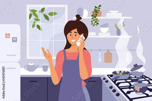 Young mom cooking homemade meal. Cute woman distracted by phone call and set kitchen fire. Busy girl left pan and pot on stove and burned dinner. Housewife and multitasking problem vector illustration