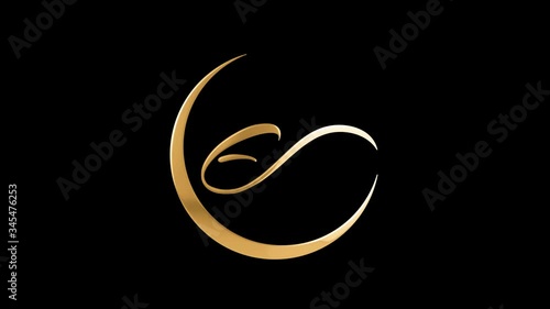 Eid Mubarak Golden Shine Animated English Calligraphy Text with Moon and Masjid Dome with Black Screen Alpha.