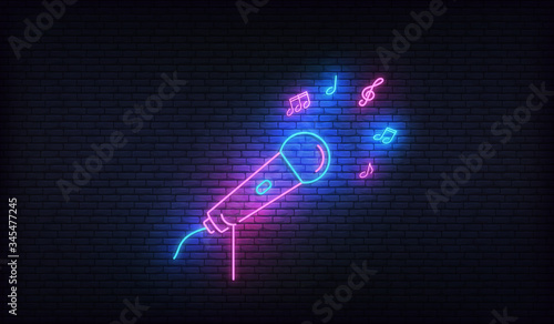 Neon microphone with music notes. Template for karaoke, live music, talent show
