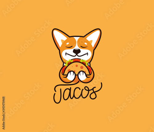 The logo funny corgi eats taco. Cute dog, cartoon character, food logotype