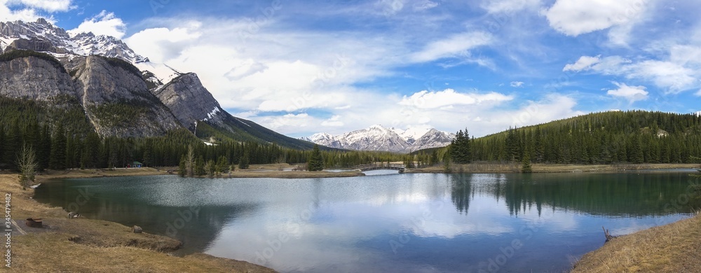 Cascade Ponds Recreation Area Panoramic Landscape in Springtime, Banff National Park Alberta Canadian Rocky Mountains