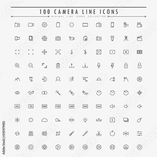 100 camera minimal line icons collection