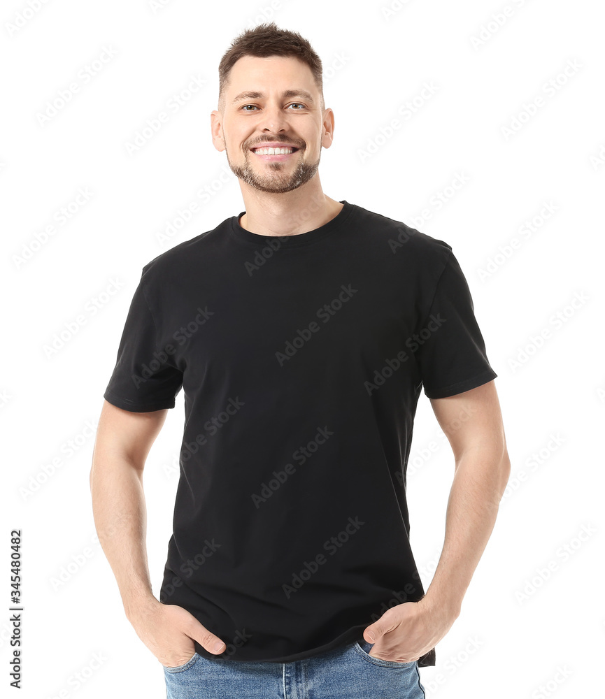 Fototapeta premium Man in stylish t-shirt on white background