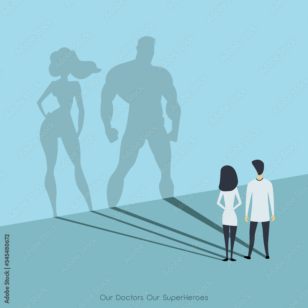 Doctors looking at superhero shadow on the wall. Hospital staff, nurses heroes fight coronavirus pandemic, epidemic, covid-19. our doctors, our superheros. vector illustration Doctors looking at superhero shadow on the wall. Hospital staff, nurses heroes fight coronavirus pandemic, epidemic, covid-19. our doctors, our superheros. vector illustration