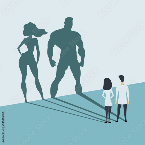 Doctors looking at superhero shadow on the wall. Hospital staff, nurses heroes fight coronavirus pandemic, epidemic, covid-19. Strong, courage, brave life saving medical concept. vector illustration