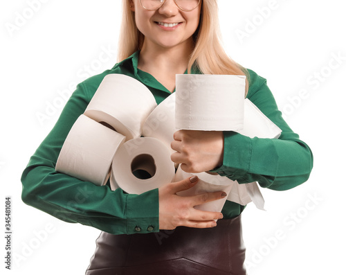 Woman with heap of toilet p...