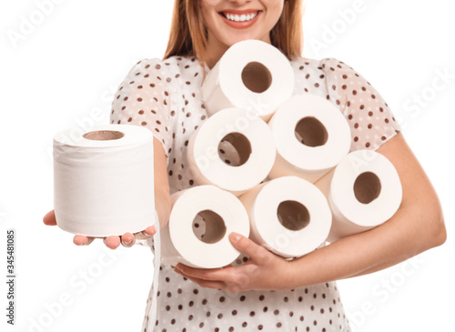 Woman with heap of toilet p...
