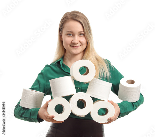 Woman with heap of toilet p...