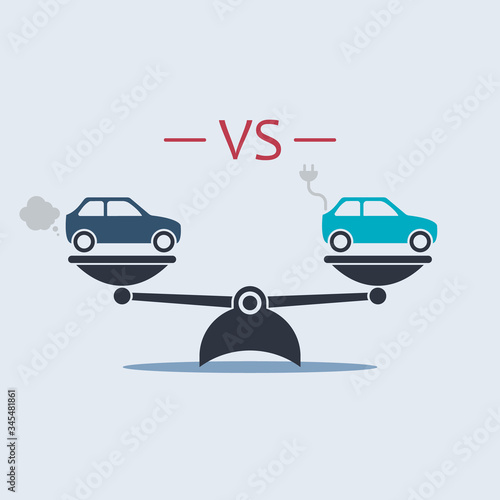 electric car vs gasoline car on scale. vector symbol in flat style