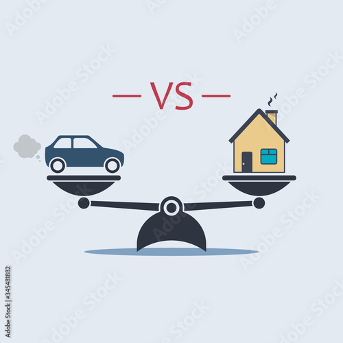 car vs house icon on scale. vector symbol in flat style