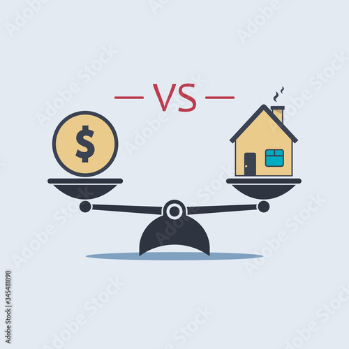 dollar coin vs house icon on scale. vector symbol in flat style