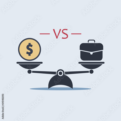 dollar vs briefcase on scale. money making concept, vector symbol in flat style