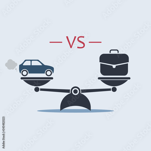 car vs briefcase work on scale icon. vector symbol in flat style
