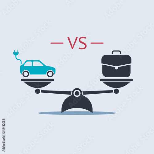 electric car vs briefcase work on scale icon. vector symbol in flat style
