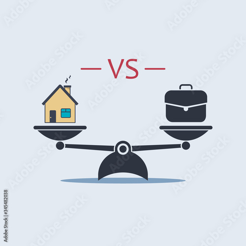 home vs work. house vs briefcase on scale. vector symbol in flat style