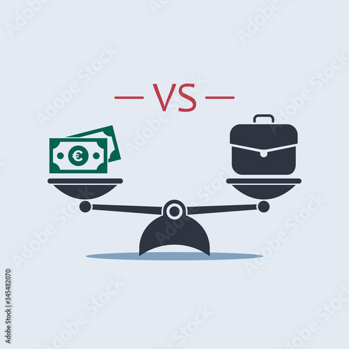 money euro vs briefcase on scale. vector symbol in flat style