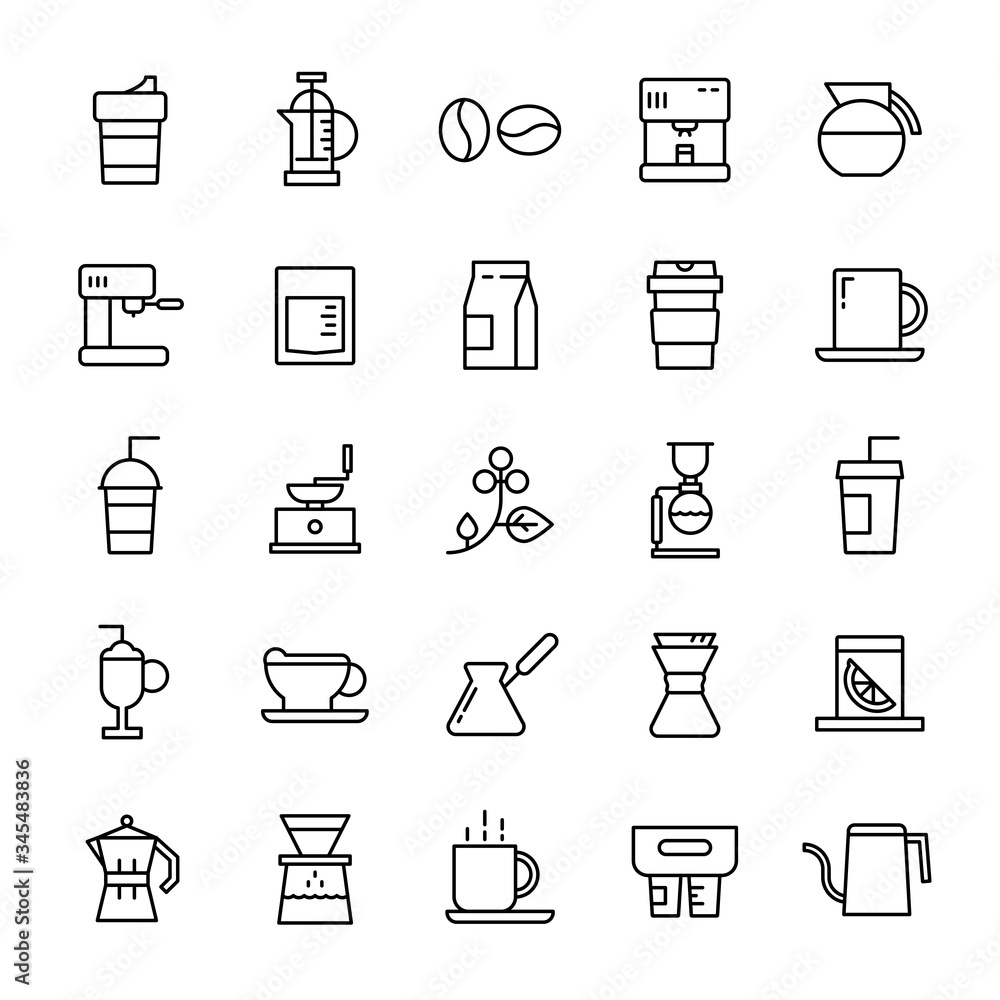 Coffee shop and coffee drip 25 line icons Coffee shop and coffee drip 25 line icons