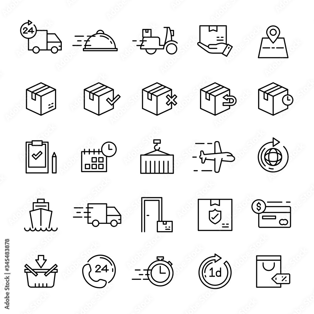 Delivery and shipping 25 line icons