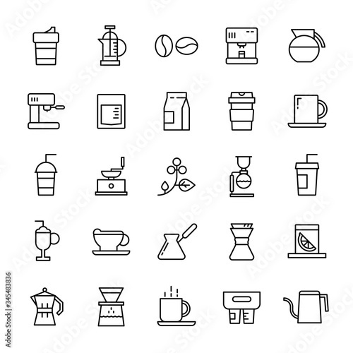 Coffee shop and coffee drip 25 line icons