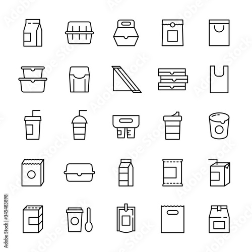 Food packaging and beverages 25 line icons