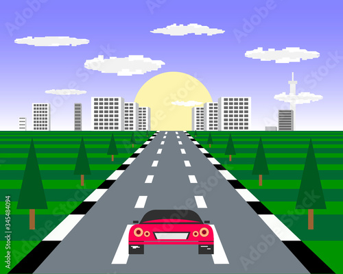 Old pixel race computer game. Sports car rides on the highway against the backdrop of the cityscape.