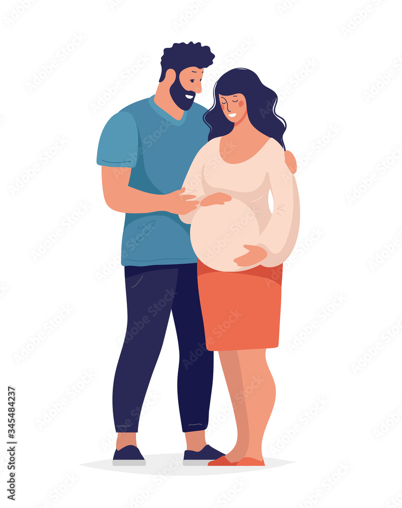 Young modern happy family is expecting a baby. A man hugs a pregnant wife. A pregnant girl and a young father are standing. Flat cartoon vector illustration for design.