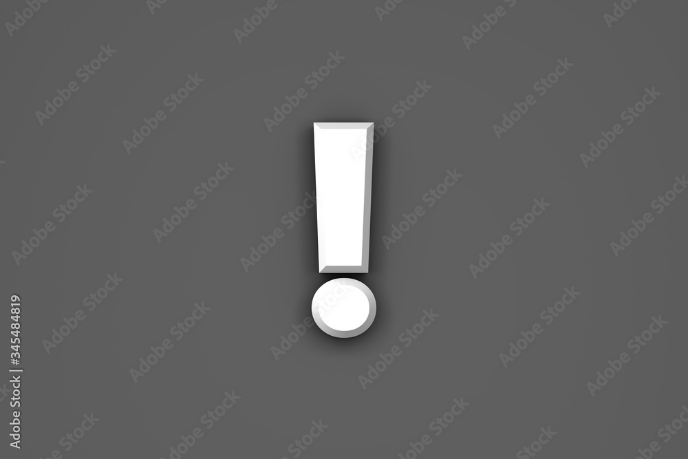 White paper style font - exclamation point isolated on grey background, 3D illustration of symbols White paper style font - exclamation point isolated on grey background, 3D illustration of symbols