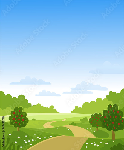 Hello  autumn. Fruit trees with a crop on a farm. Green hills and meadows  blue sky with clouds  apples on the trees. Card with a summer landscape. Flat vector illustration.
