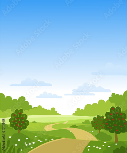 Hello, autumn. Fruit trees with a crop on a farm. Green hills and meadows, blue sky with clouds, apples on the trees. Card with a summer landscape. Flat vector illustration.