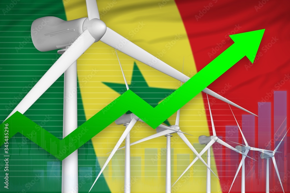 Senegal wind energy power rising chart, arrow up - alternative natural energy industrial illustration. 3D Illustration Senegal wind energy power rising chart, arrow up - alternative natural energy industrial illustration. 3D Illustration