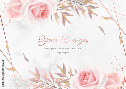Elegant flower rose with marble background. Rose metallic color frame. wedding invitation card greeting card.