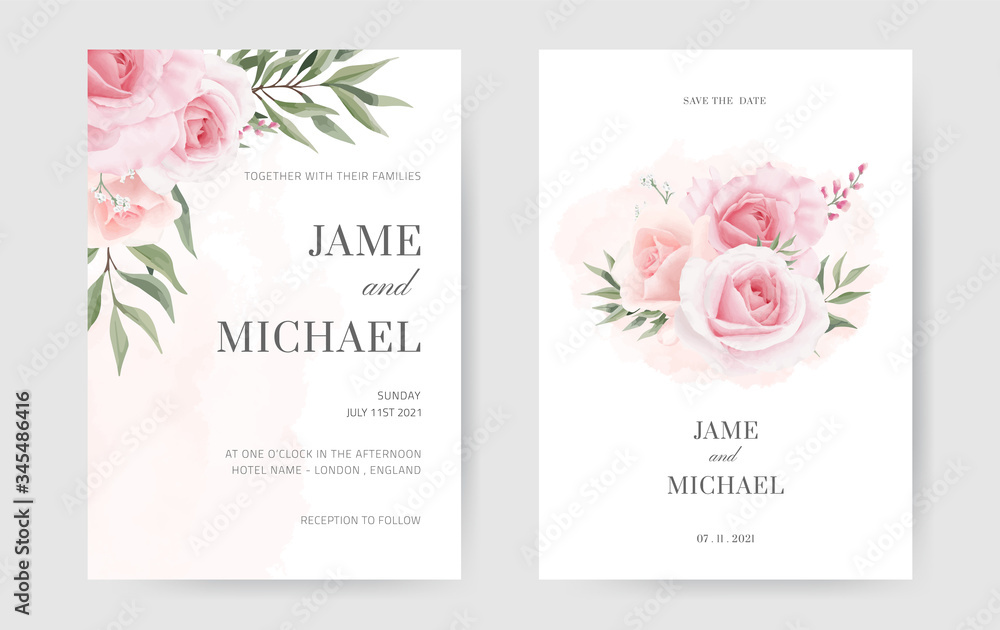 Wedding invitation cards in pink roses and green eucalyptus leaves. Set in a minimal style. Wedding invitation cards in pink roses and green eucalyptus leaves. Set in a minimal style.
