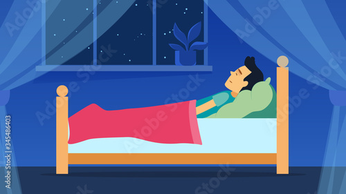 Man sleeps and sweet dream under blanket at night in bed cartoon style. Room with a window concept template. Cool vector flat illustration design.