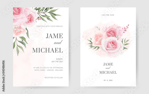 Wedding invitation cards in pink roses and green eucalyptus leaves. Set in a minimal style. © Panupon