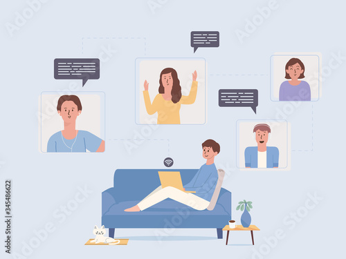 Man relaxing on the sofa and using a video conference with a laptop to contract many people at the same time. Illustration of communication technology makes it easy to connect with people or meeting w