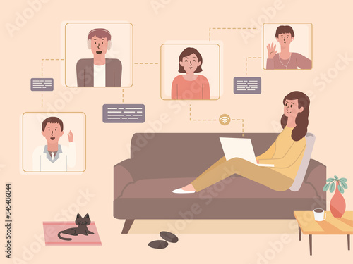 Women using a video conference with a laptop to meeting her business team from home. Illustration new normal of the world. People contract with partners and work from home with wi-fi.