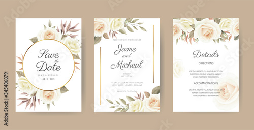 Vintage wedding invitation card set. Elegant flower bouquet. A white rose painted with watercolor eucalyptus leaves with a golden frame.